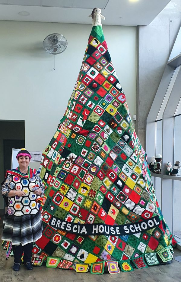 Gift of love and time tree with yarn bombed High School Head Mrs Borello